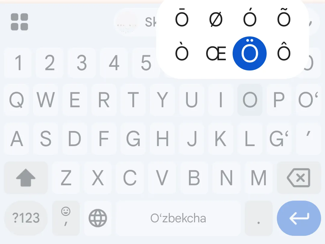Gboard klaviaturasi: Ö harfi