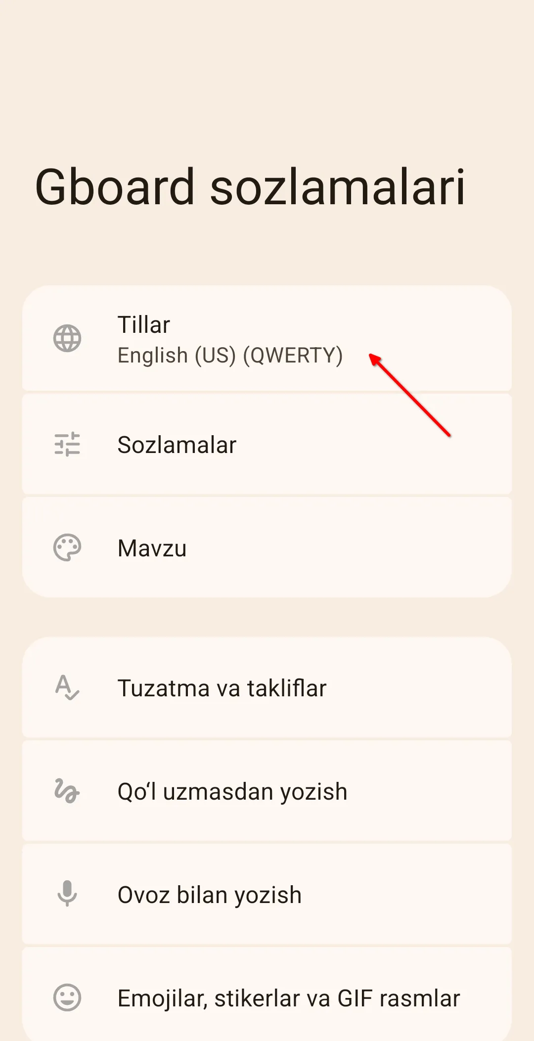 Gboard klaviaturasi: bosh menyu