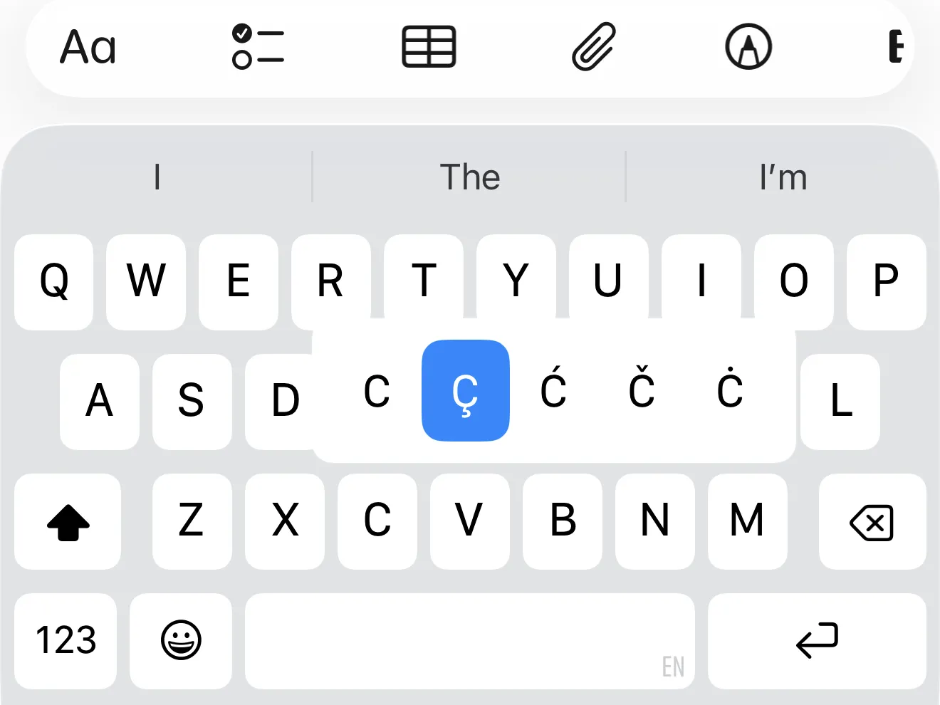 iOS klaviaturasi: Ç harfi