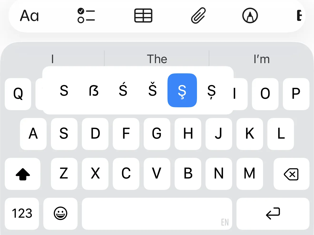 iOS klaviaturasi: Ş harfi